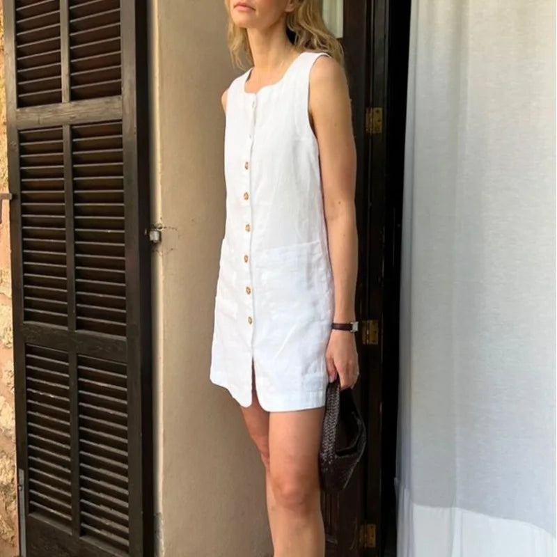 Women's White Linen Sleeveless Button-Front A-Line Mini Dress – Casual Chic Summer European Vacation Everyday Dress