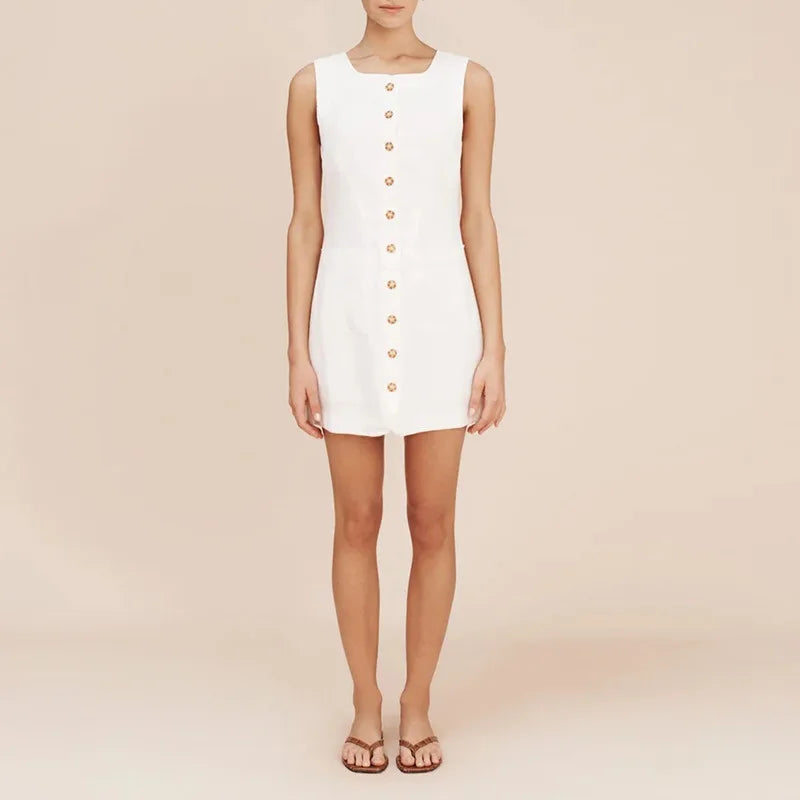 Women's White Linen Sleeveless Button-Front A-Line Mini Dress – Casual Chic Summer European Vacation Everyday Dress