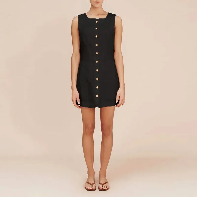Women's White Linen Sleeveless Button-Front A-Line Mini Dress – Casual Chic Summer European Vacation Everyday Dress