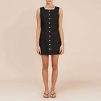 Women's White Linen Sleeveless Button-Front A-Line Mini Dress – Casual Chic Summer European Vacation Everyday Dress