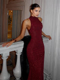 Women's Burgundy Sequin Halter Neck Backless Bodycon Maxi Dress – Luxury Formal Evening Red Carpet Gala New Year's Eve Gown