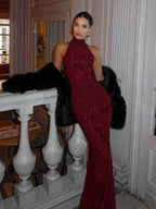 Women's Burgundy Sequin Halter Neck Backless Bodycon Maxi Dress – Luxury Formal Evening Red Carpet Gala New Year's Eve Gown