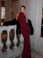 Women's Burgundy Sequin Halter Neck Backless Bodycon Maxi Dress – Luxury Formal Evening Red Carpet Gala New Year's Eve Gown