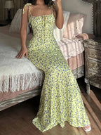 Women's Floral Tie Shoulder Ruched Bust Bodycon Maxi Dress – Romantic Cottagecore Summer Wedding Guest Boho Dress
