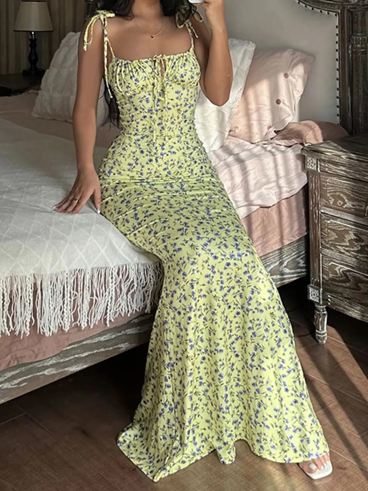 Women's Floral Tie Shoulder Ruched Bust Bodycon Maxi Dress – Romantic Cottagecore Summer Wedding Guest Boho Dress
