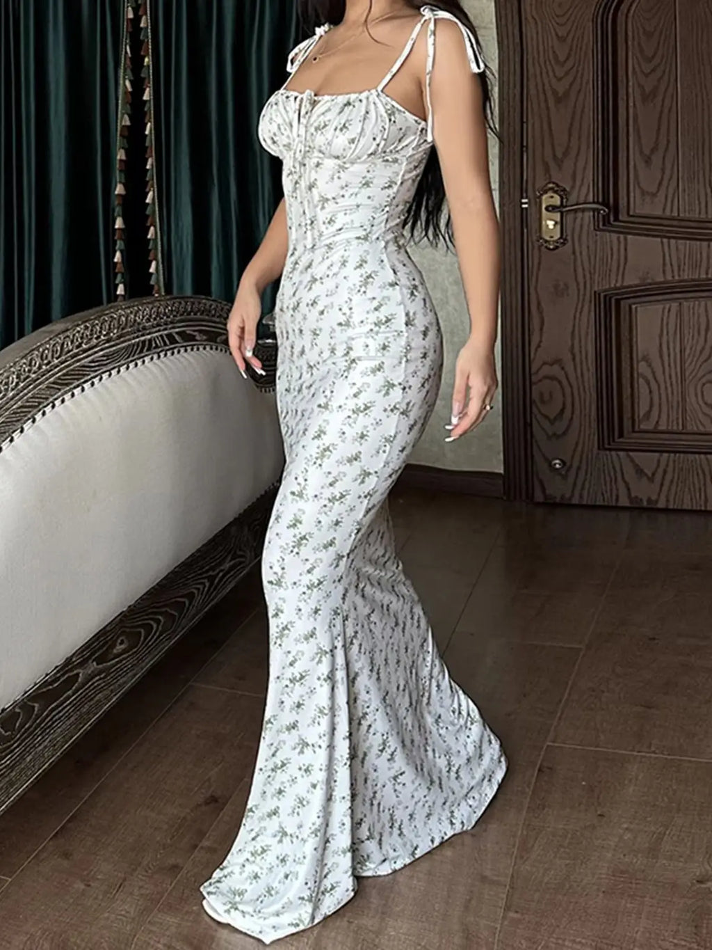 Women's Floral Tie Shoulder Ruched Bust Bodycon Maxi Dress – Romantic Cottagecore Summer Wedding Guest Boho Dress