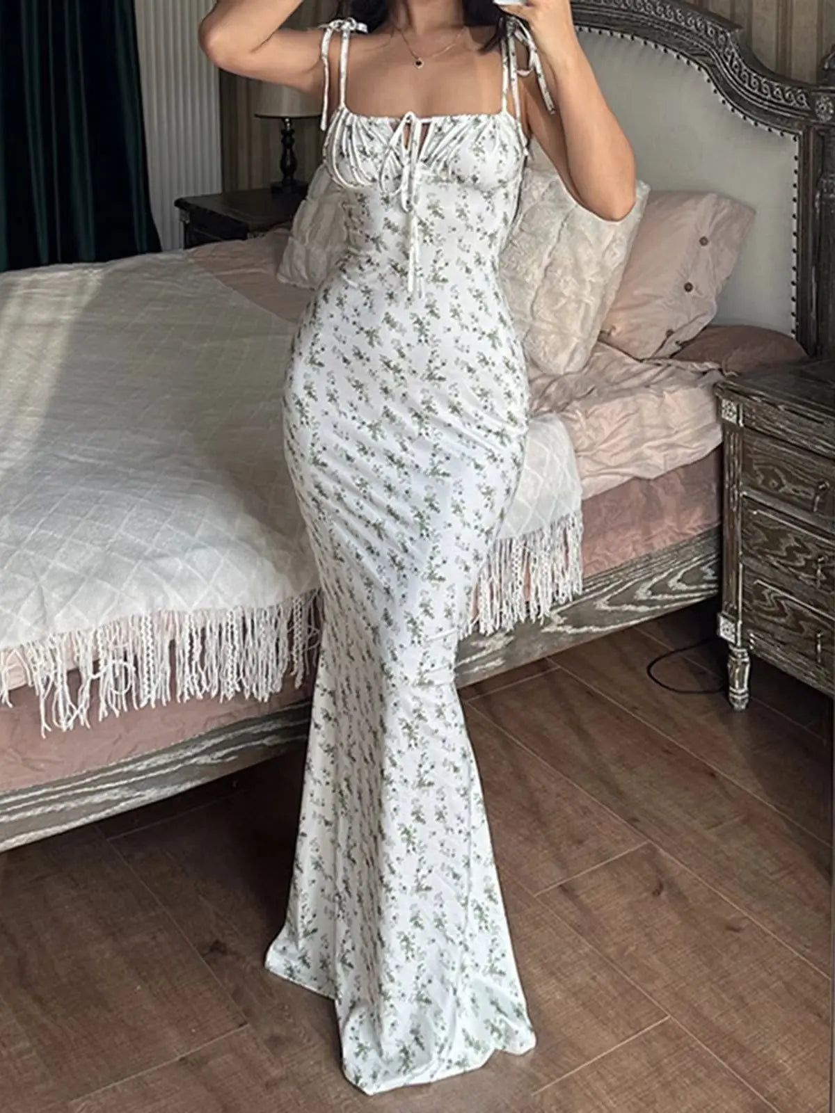 Women's Floral Tie Shoulder Ruched Bust Bodycon Maxi Dress – Romantic Cottagecore Summer Wedding Guest Boho Dress