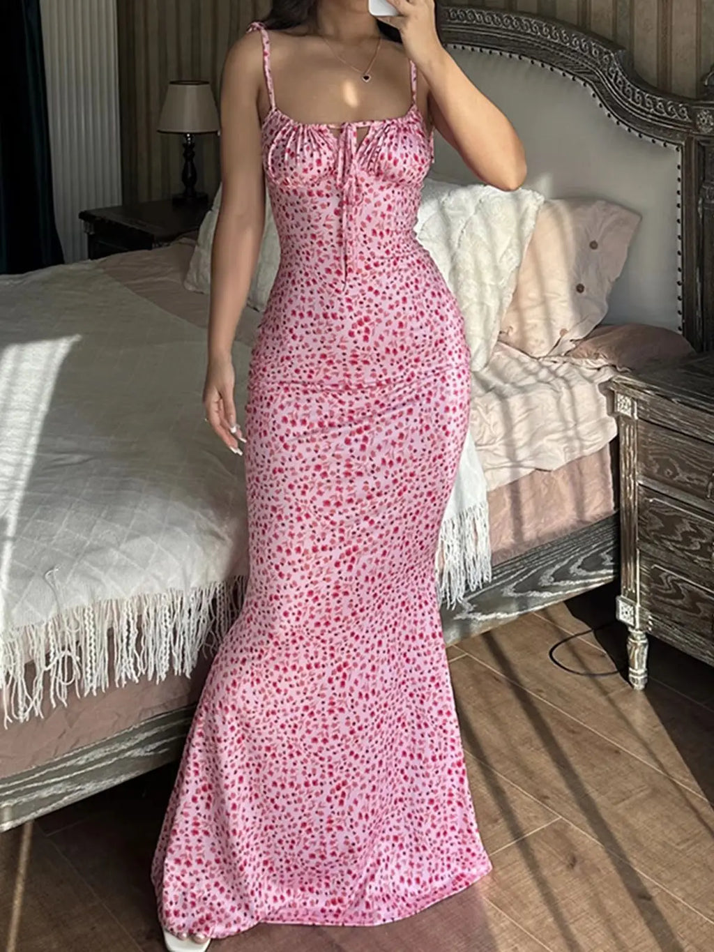 Women's Floral Tie Shoulder Ruched Bust Bodycon Maxi Dress – Romantic Cottagecore Summer Wedding Guest Boho Dress