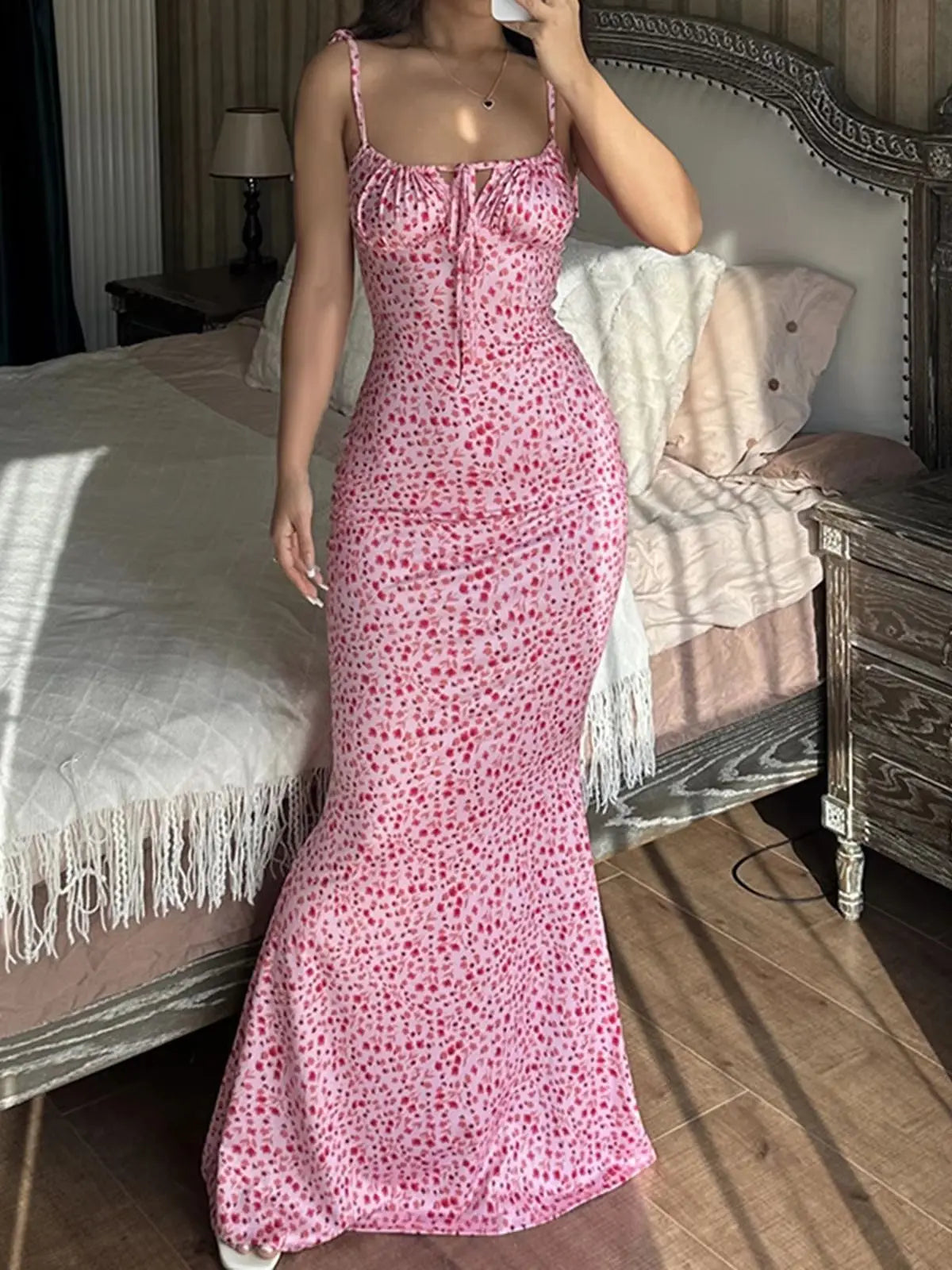 Women's Floral Tie Shoulder Ruched Bust Bodycon Maxi Dress – Romantic Cottagecore Summer Wedding Guest Boho Dress