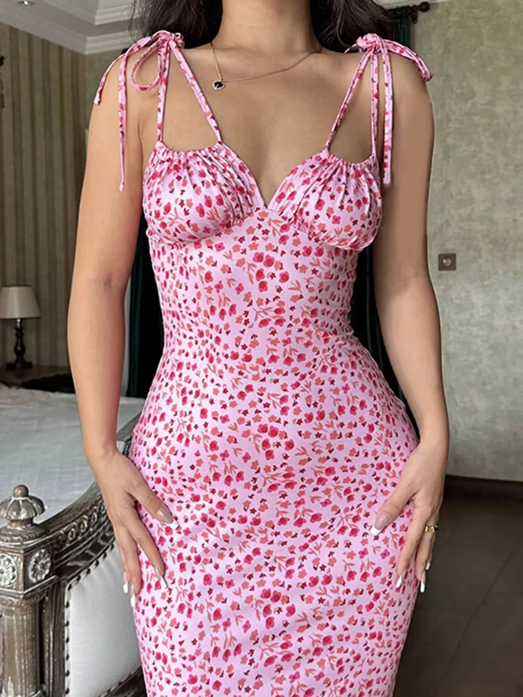 Women's Floral Tie Shoulder Ruched Bust Bodycon Maxi Dress – Romantic Cottagecore Summer Wedding Guest Boho Dress
