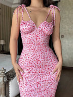 Women's Floral Tie Shoulder Ruched Bust Bodycon Maxi Dress – Romantic Cottagecore Summer Wedding Guest Boho Dress