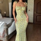 Women's Floral Tie Shoulder Ruched Bust Bodycon Maxi Dress – Romantic Cottagecore Summer Wedding Guest Boho Dress