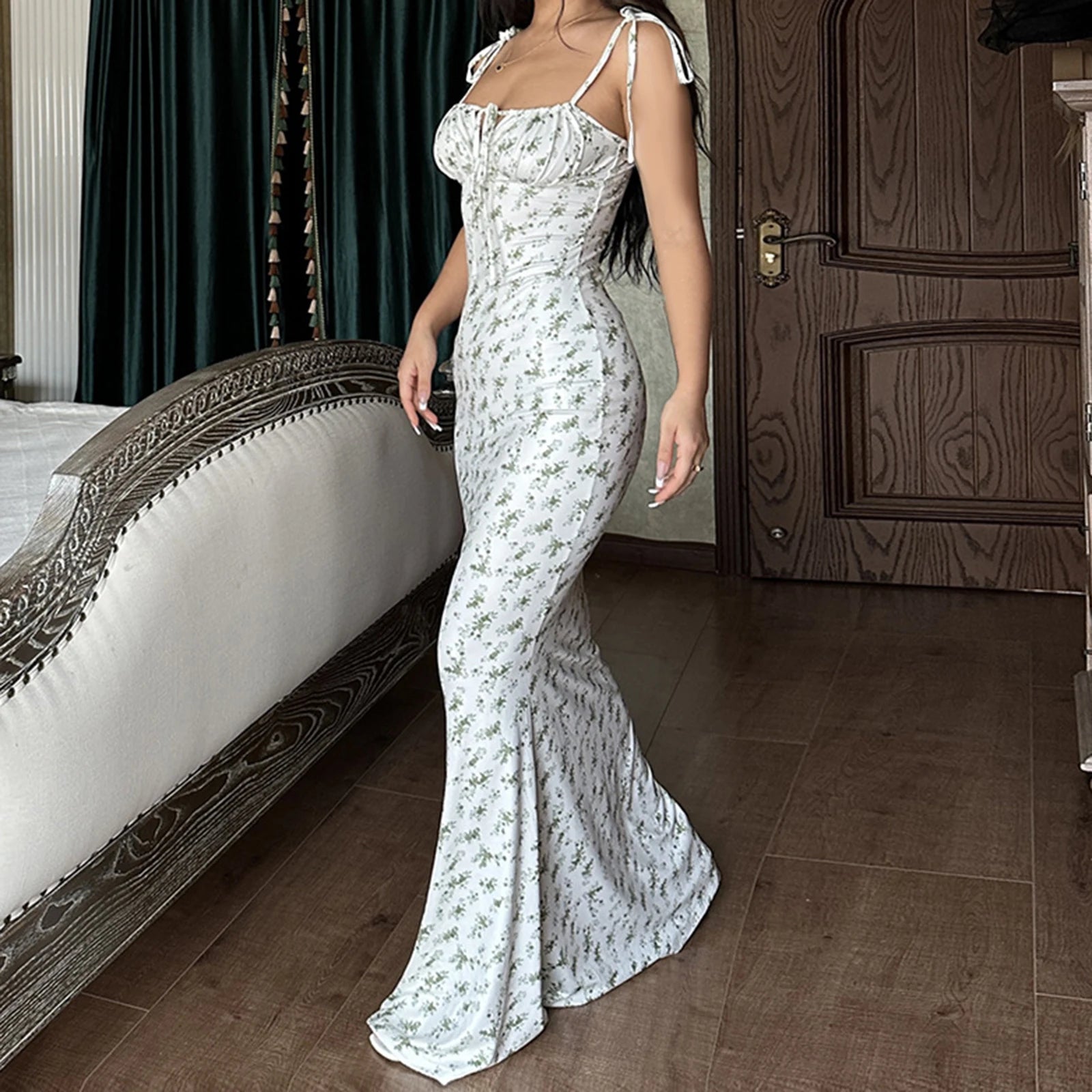 Women's Floral Tie Shoulder Ruched Bust Bodycon Maxi Dress – Romantic Cottagecore Summer Wedding Guest Boho Dress