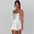 Women's Champagne Satin Cowl Neck Spaghetti Strap Ruffle Skirt Mini Dress – Sexy Party Club Bridal Bachelorette Night Out Dress
