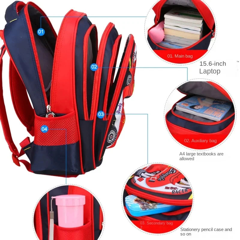 3D Racing Kid Backpack for Boys & Girls with Spacious Compartments | Colorful Design for School Use