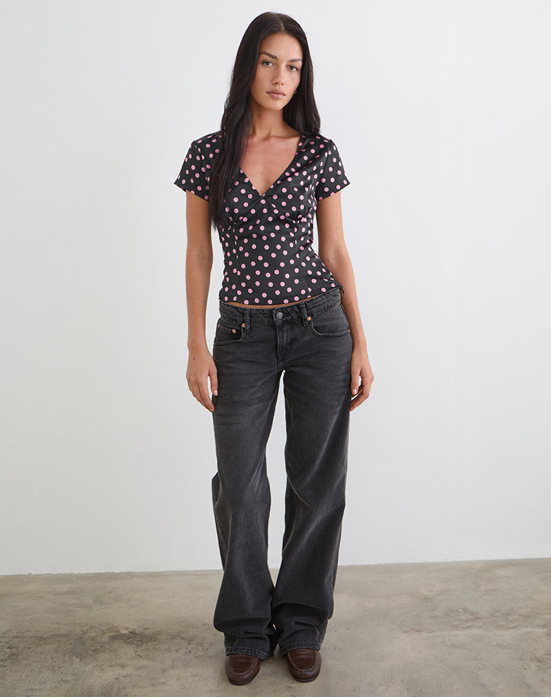 Women's Satin Fashion Top with V-Neckline in Black for Everyday Wear