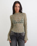 Women's Lace Long Sleeve Top in Green for Everyday Wear
