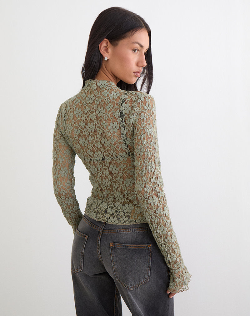 Women's Lace Long Sleeve Top in Green for Everyday Wear