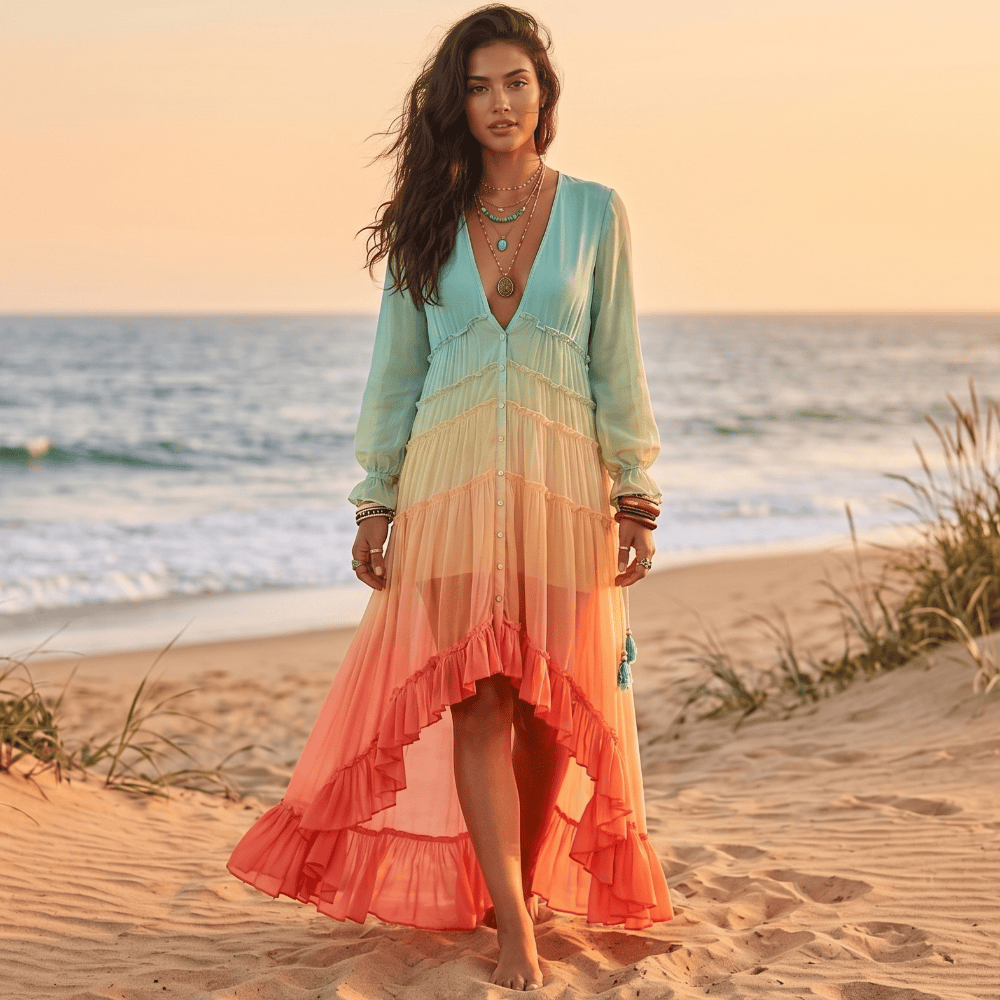 Bohemian Rainbow Maxi Dress with Tiered Ruffles | Flowy Design for Effortless Elegance
