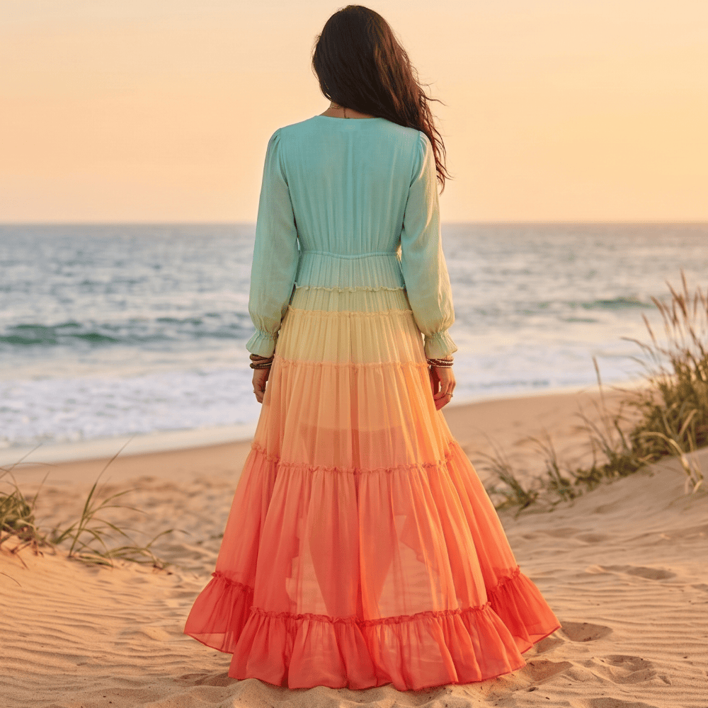 Bohemian Rainbow Maxi Dress with Tiered Ruffles | Flowy Design for Effortless Elegance