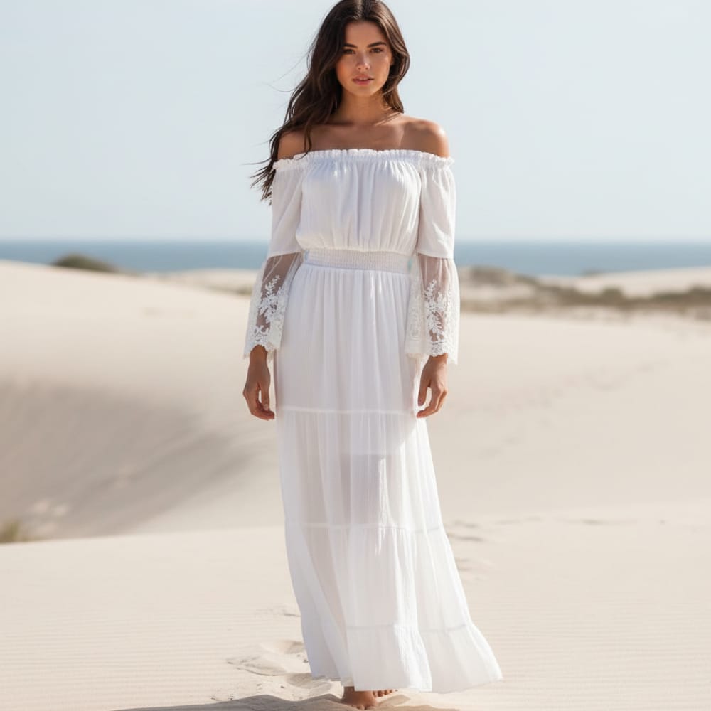 Boho Chic | White Maxi Dress with Off-Shoulder Lace Design | Elegant Beachwear for Summer Weddings