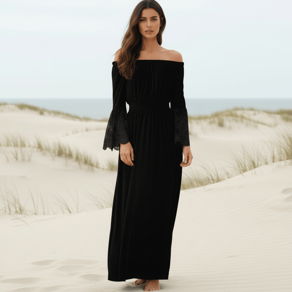 Boho Chic | White Maxi Dress with Off-Shoulder Lace Design | Elegant Beachwear for Summer Weddings