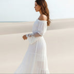 Boho Chic | White Maxi Dress with Off-Shoulder Lace Design | Elegant Beachwear for Summer Weddings