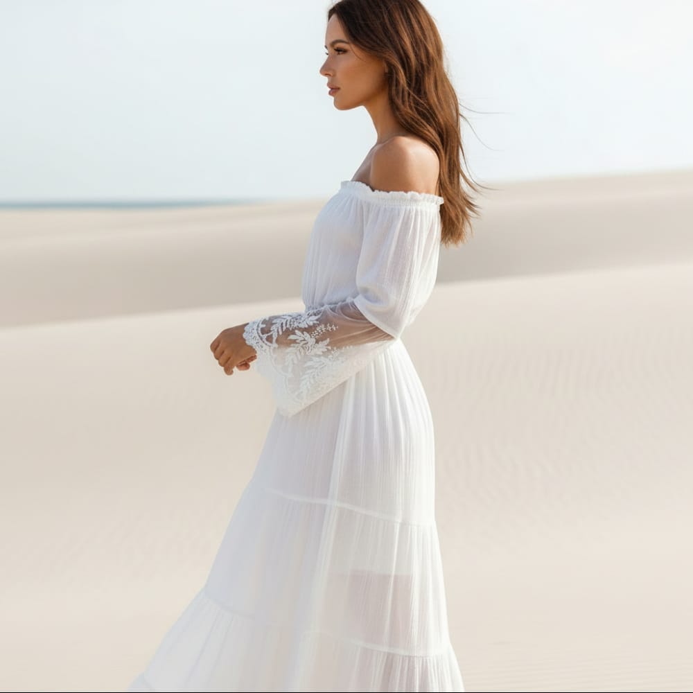 Boho Chic | White Maxi Dress with Off-Shoulder Lace Design | Elegant Beachwear for Summer Weddings