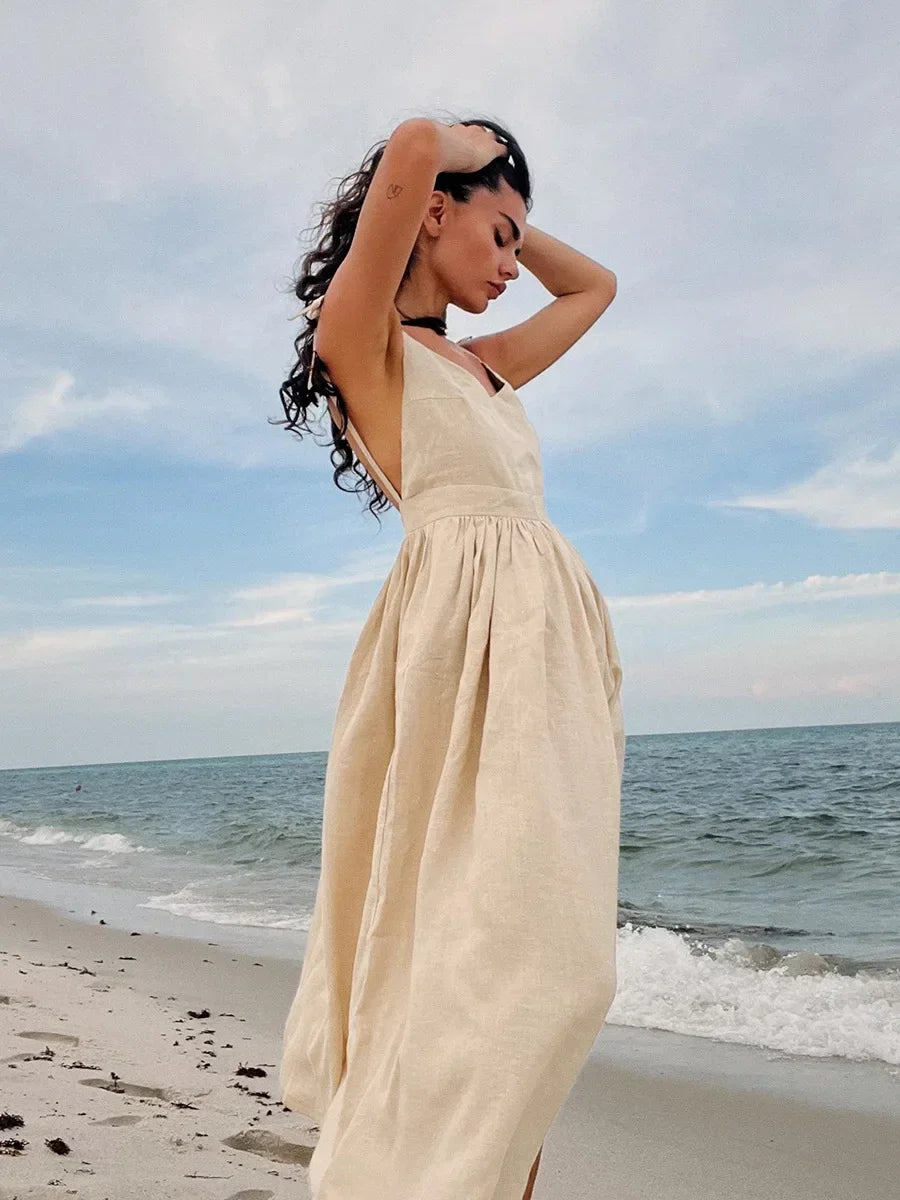 Women's Natural Linen V-Neck Backless Gathered Maxi Dress – Boho Beach Wedding Bridal Coastal Summer Sundress