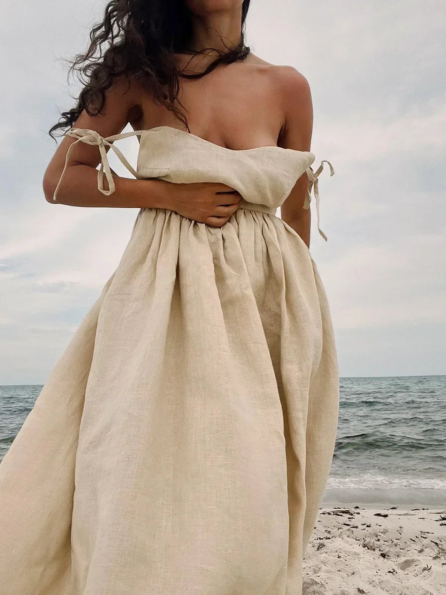 Women's Natural Linen V-Neck Backless Gathered Maxi Dress – Boho Beach Wedding Bridal Coastal Summer Sundress