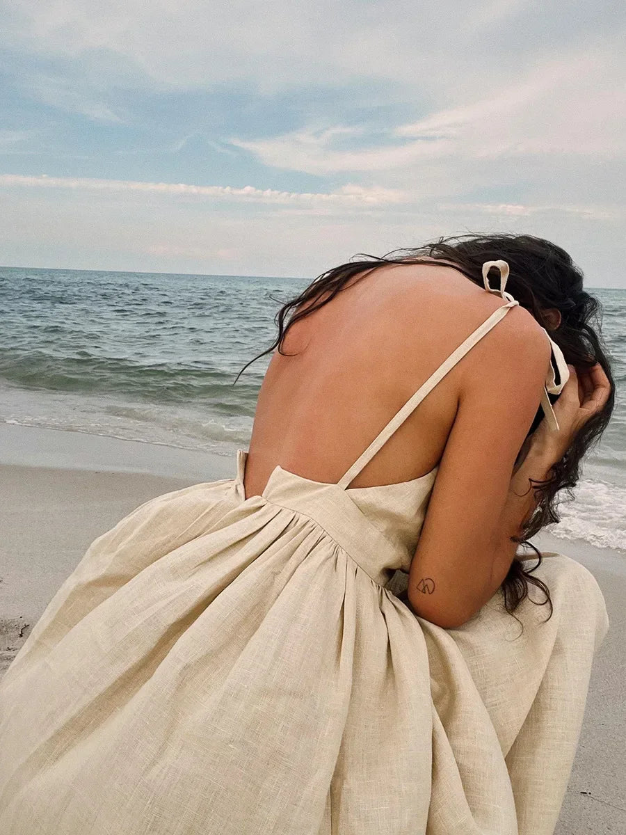 Women's Natural Linen V-Neck Backless Gathered Maxi Dress – Boho Beach Wedding Bridal Coastal Summer Sundress