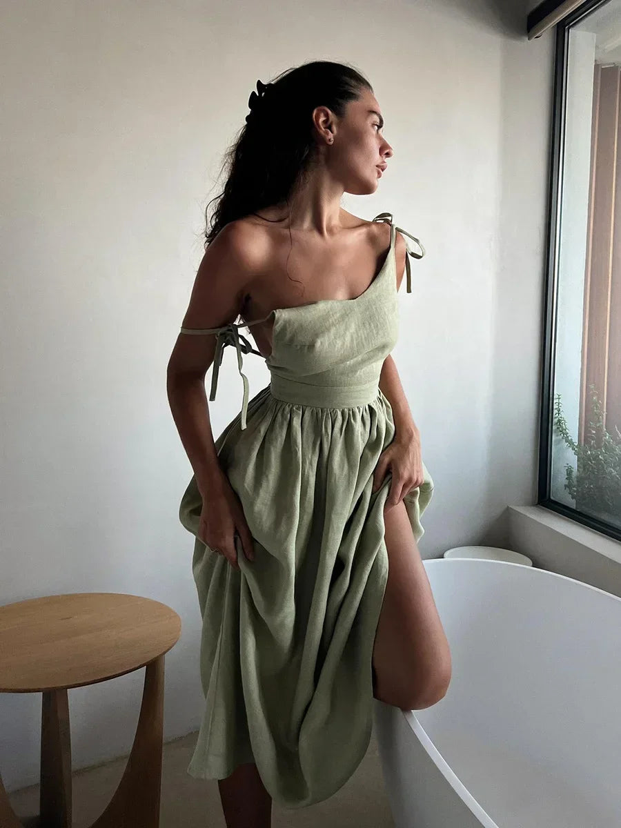 Women's Natural Linen V-Neck Backless Gathered Maxi Dress – Boho Beach Wedding Bridal Coastal Summer Sundress