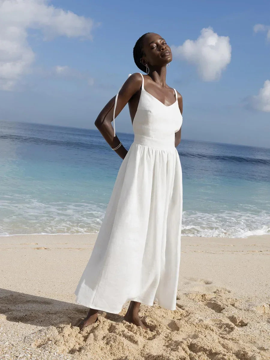 Women's Natural Linen V-Neck Backless Gathered Maxi Dress – Boho Beach Wedding Bridal Coastal Summer Sundress