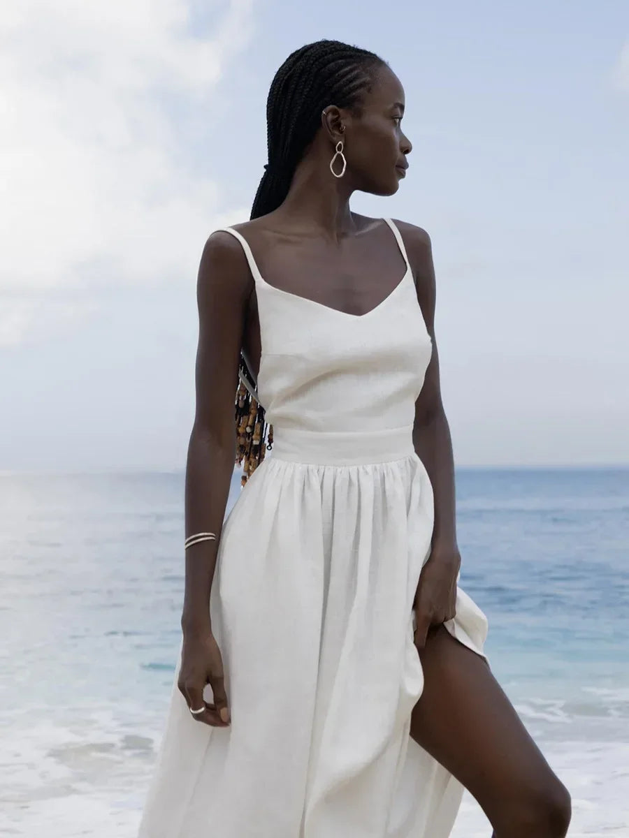 Women's Natural Linen V-Neck Backless Gathered Maxi Dress – Boho Beach Wedding Bridal Coastal Summer Sundress