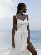 Women's Natural Linen V-Neck Backless Gathered Maxi Dress – Boho Beach Wedding Bridal Coastal Summer Sundress
