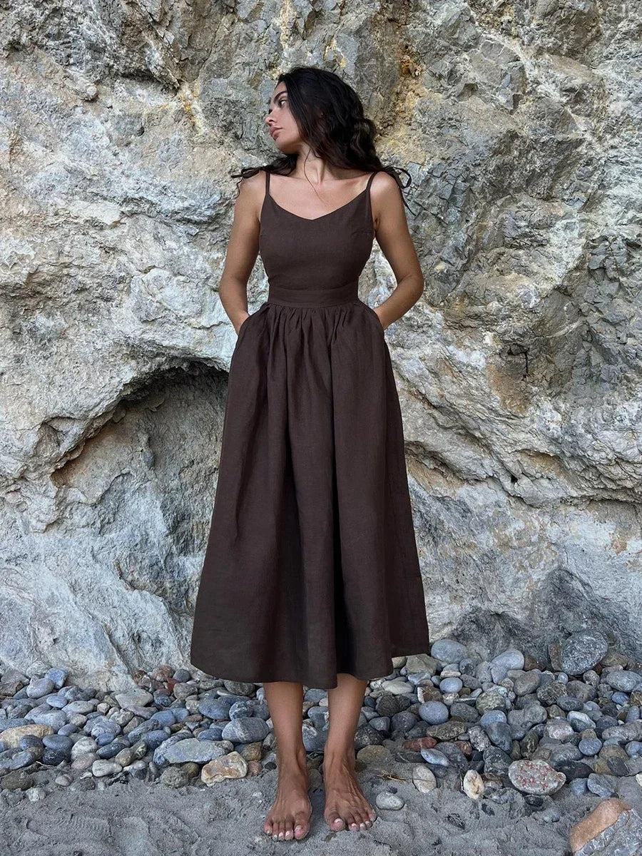 Women's Natural Linen V-Neck Backless Gathered Maxi Dress – Boho Beach Wedding Bridal Coastal Summer Sundress