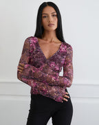 Women's Lace Fashion Top with V-Neckline in Plum for Everyday Wear