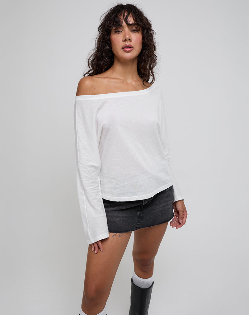 Women's Denim Shift Midi Dress with Asymmetric Neckline in Ivory for Everyday Wear