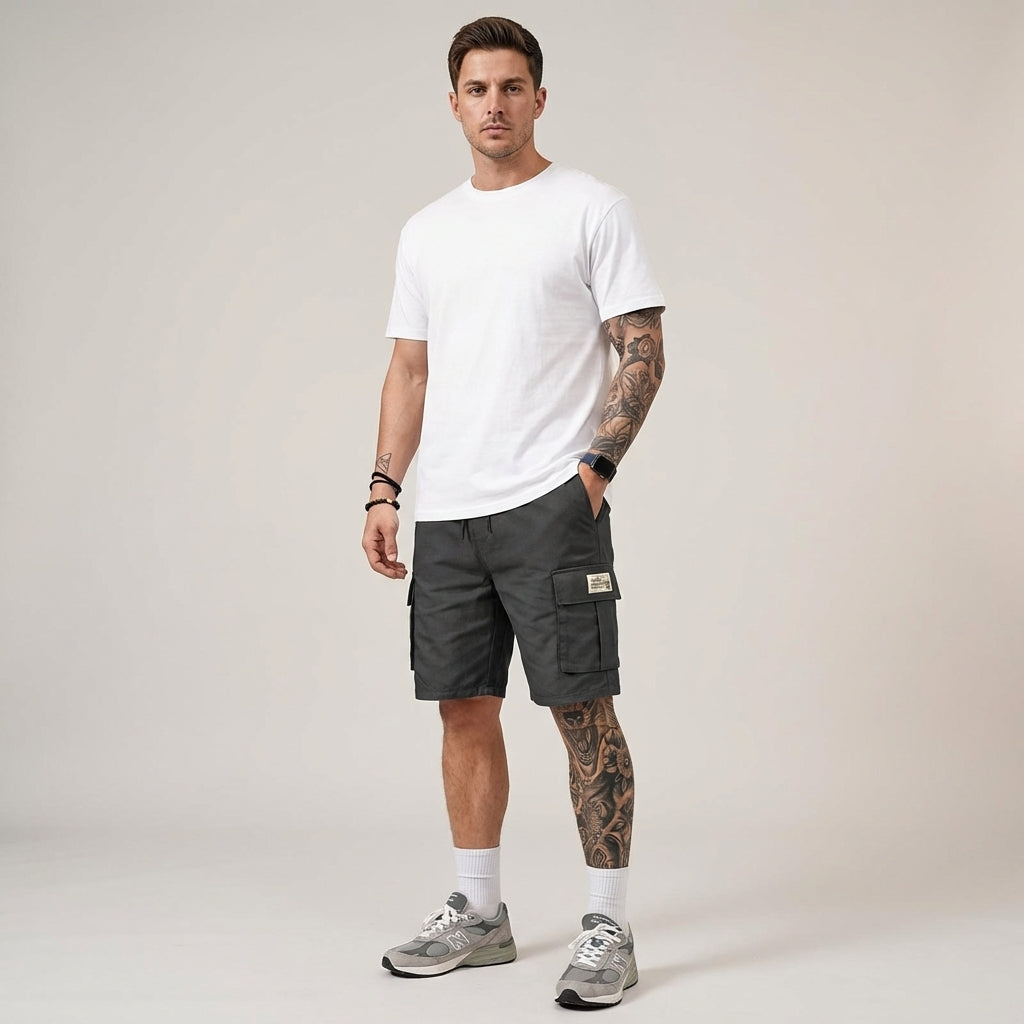 Men's Cargo Shorts with Adjustable Waist & Utility Pockets | Black Casual Fit for Everyday Comfort