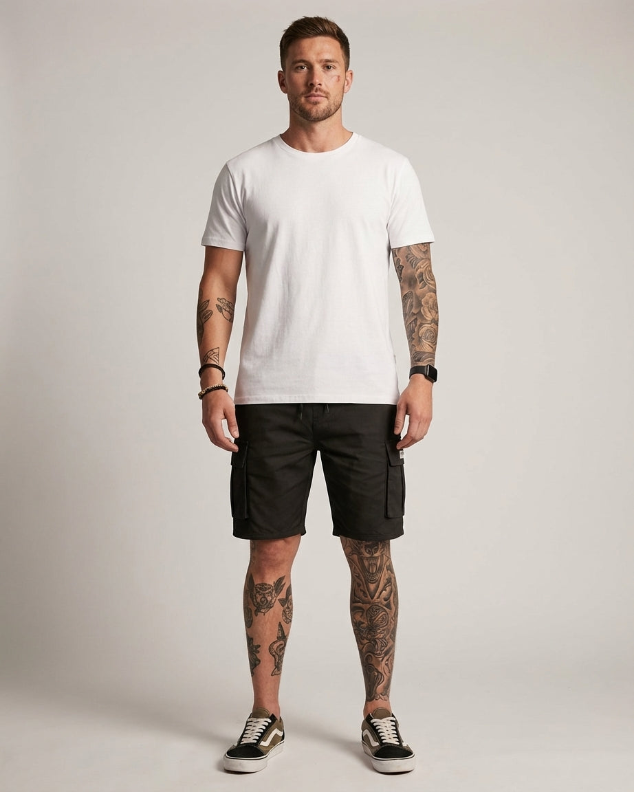 Men's Cargo Shorts with Adjustable Waist & Utility Pockets | Black Casual Fit for Everyday Comfort