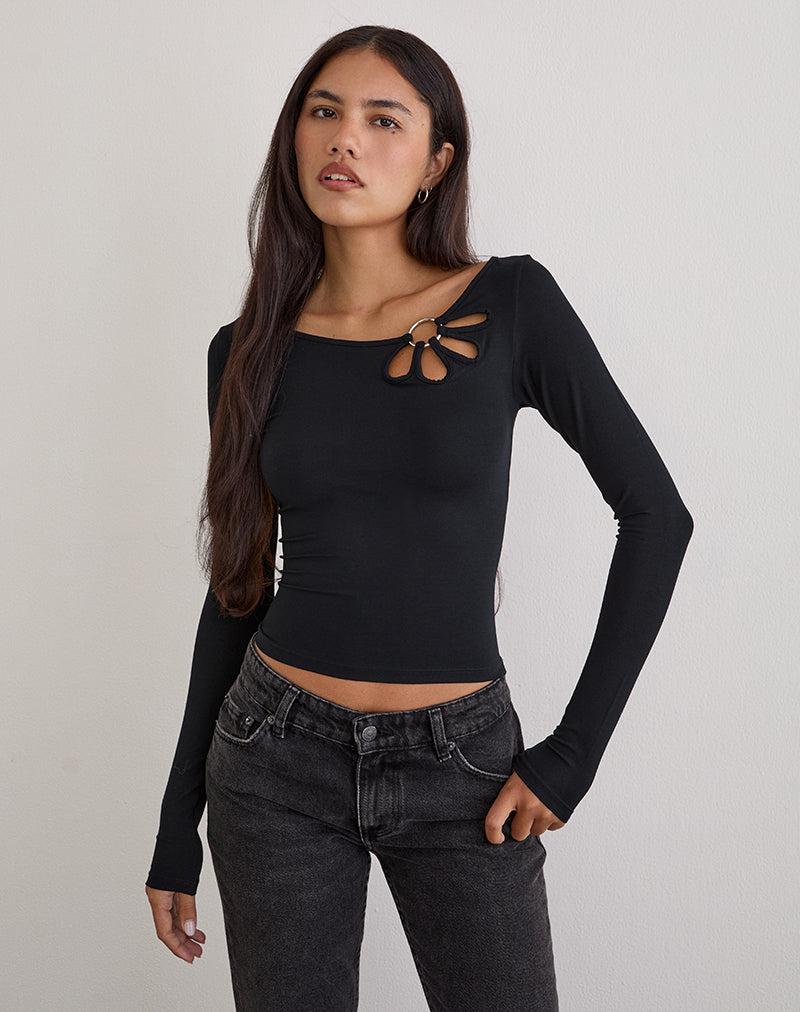 Women's Long Sleeve Bodycon Top with Crew Neckline in Black for Everyday Wear