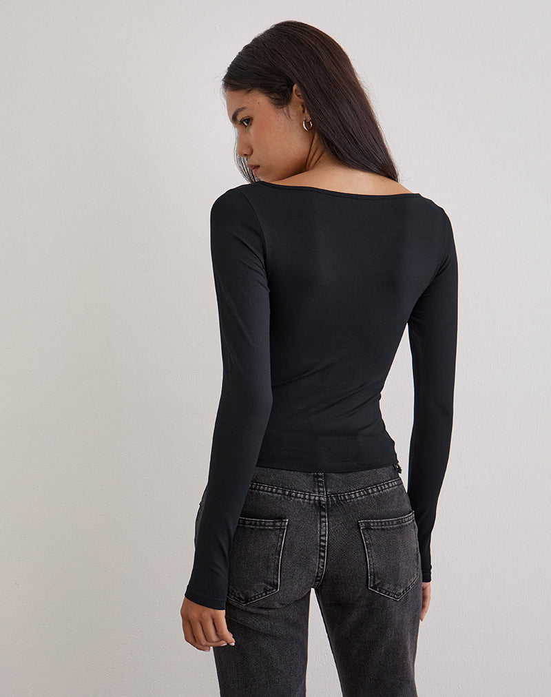 Women's Long Sleeve Bodycon Top with Crew Neckline in Black for Everyday Wear