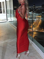 Women's  Satin Deep Plunge Halter Neck Draped Bodycon Midi Dress – Sexy Backless Formal Evening Party Night Out Dress