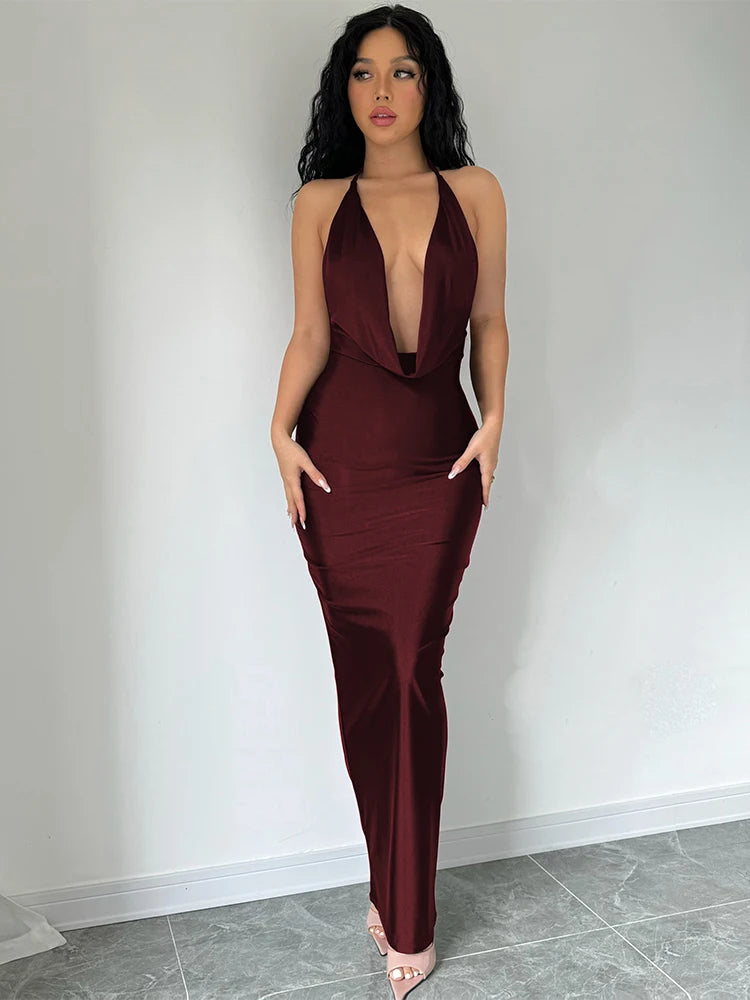 Women's  Satin Deep Plunge Halter Neck Draped Bodycon Midi Dress – Sexy Backless Formal Evening Party Night Out Dress