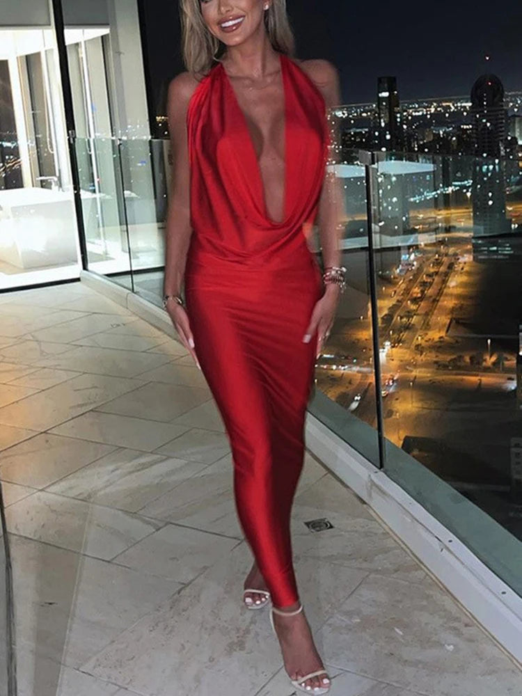 Women's  Satin Deep Plunge Halter Neck Draped Bodycon Midi Dress – Sexy Backless Formal Evening Party Night Out Dress