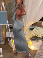 Women's  Satin Deep Plunge Halter Neck Draped Bodycon Midi Dress – Sexy Backless Formal Evening Party Night Out Dress