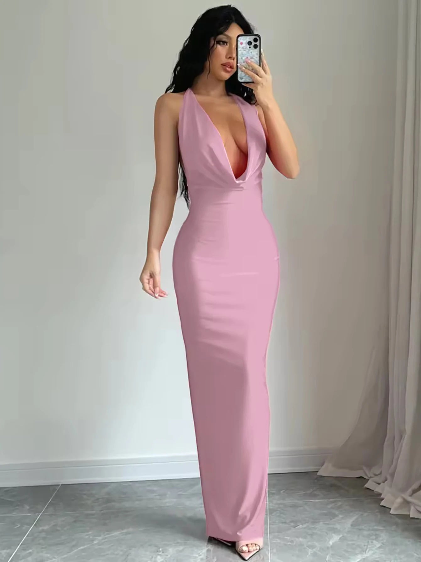Women's  Satin Deep Plunge Halter Neck Draped Bodycon Midi Dress – Sexy Backless Formal Evening Party Night Out Dress
