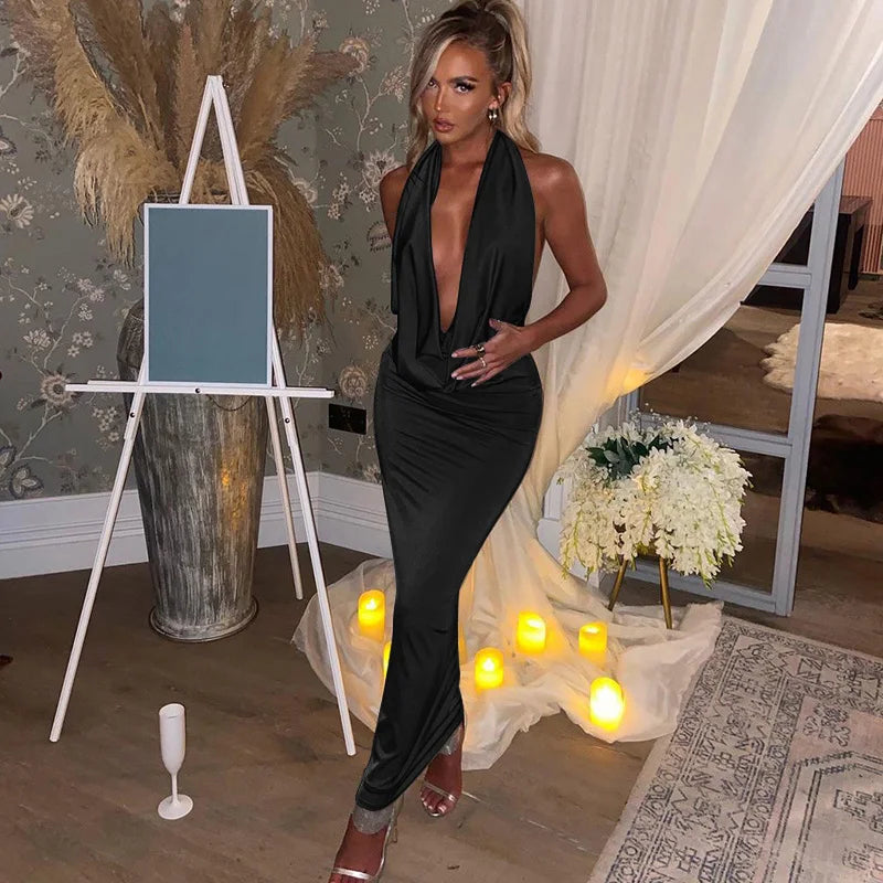Women's  Satin Deep Plunge Halter Neck Draped Bodycon Midi Dress – Sexy Backless Formal Evening Party Night Out Dress