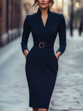Elegant Black Dress | Women's Sheath Dress with Belt & Mandarin Collar for Timeless Style