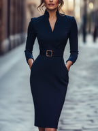 Elegant Black Dress | Women's Sheath Dress with Belt & Mandarin Collar for Timeless Style